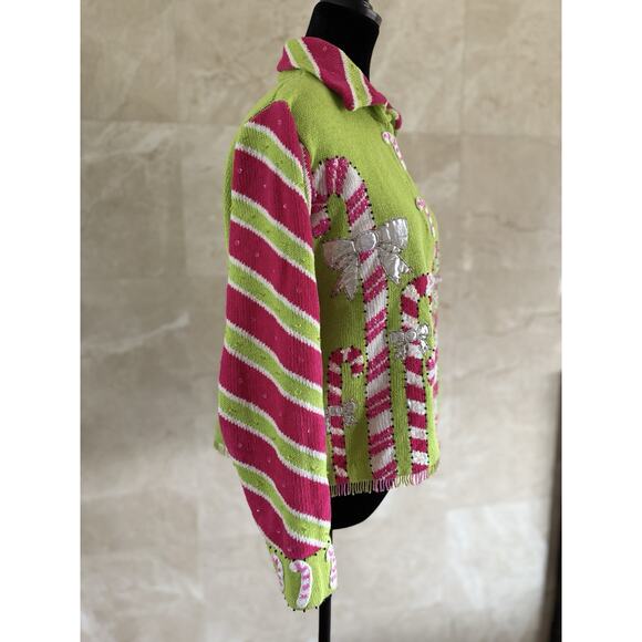 Design Options Philip Jane Gordon Cardigan - S Green Pink Candy Cane Beaded WOW! - Picture 4 of 10